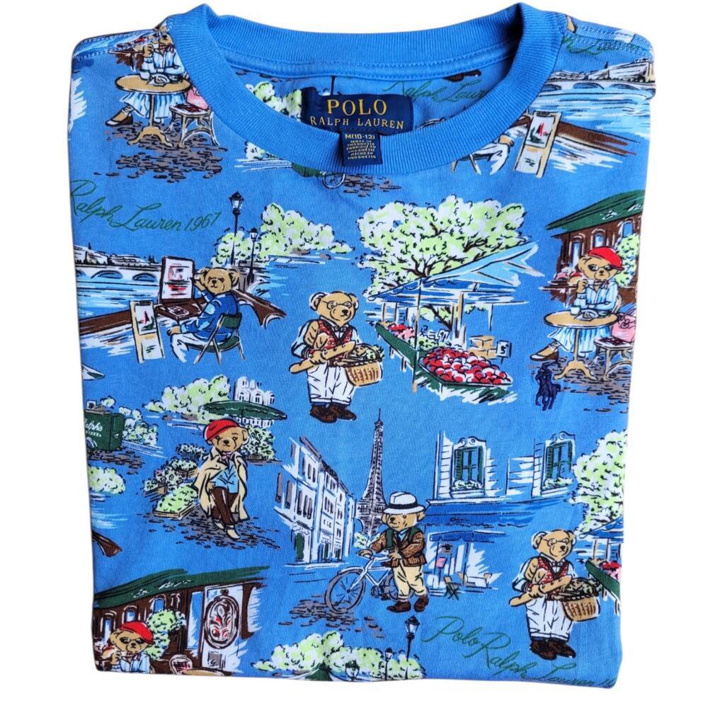 Polo Ralph Lauren Boys Blue Paris Teddy Bear Graphic Print Polo Shirt M 10-12